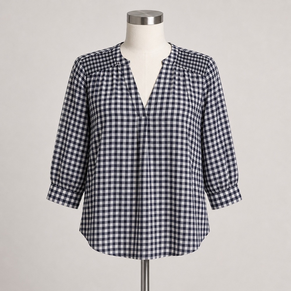 Talbots Blouse Petite P Black/White Gingham V-Neck 3/4 Sleeve Pintuck Career